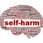 Graphic of brain with words surrounding self-harm - self harming behavior