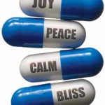 photo of four blue and white pills with the following words written on them from top to bottom: Joy, Peace, Calm, Bliss - self-medicating behavoir - hired power breakaway