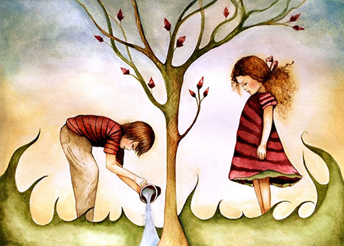 illustration of a boy watering a tree while a young girl watches over - gratitude in action - hired power breakaway  young men's rehab