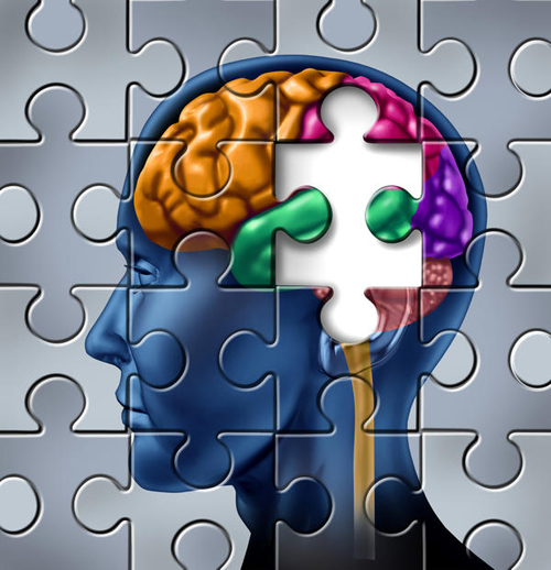 drawing of a human head with the brain colored in yellow, magenta, purple and green. The drawing is a jigsaw puzzle with one piece missing - cognitive behavioral therapy - hired power breakaway