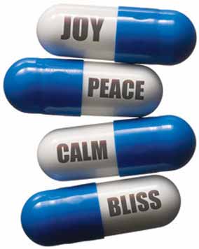 photo of four blue and white pills with the following words written on them from top to bottom: Joy, Peace, Calm, Bliss - self-medicating behavior - hired power breakaway